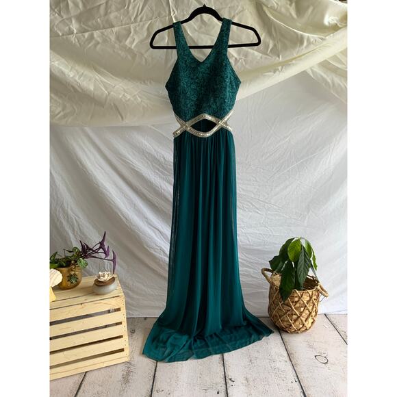 Crystal-Trimmed Cutout Dress with Lace Bodice - Picture 1 of 3